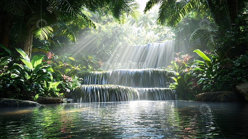 高清大图下载【趣麦麦图】热带雨林中的阳光瀑布
