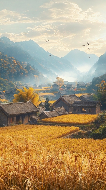 山间秋收梯田村庄