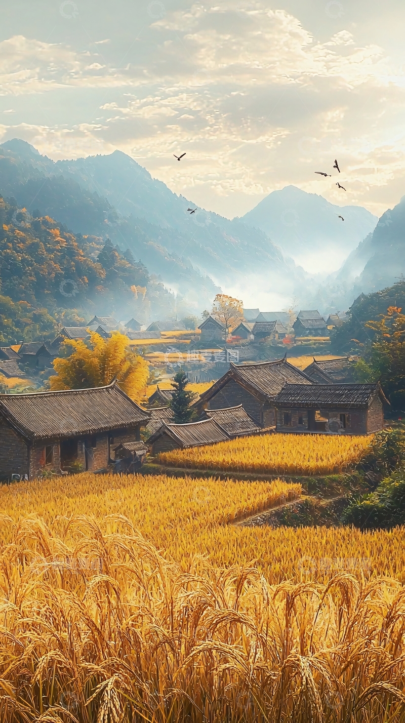高清大图下载【趣麦麦图】山间秋收梯田村庄