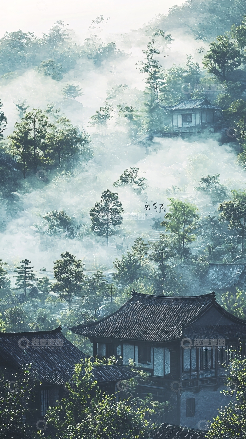 高清大图下载【趣麦麦图】山间雾气缭绕的古村落