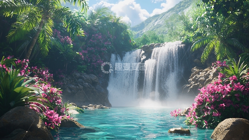 高清大图下载【趣麦麦图】热带雨林中的瀑布美景