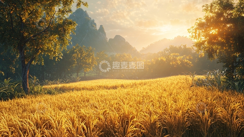 高清大图下载【趣麦麦图】金色稻田日出山景