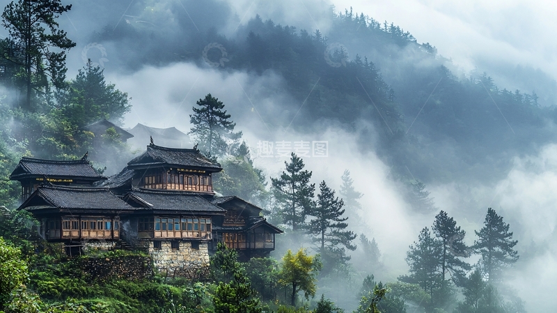 高清大图下载【趣麦麦图】山间雾气缭绕的古老建筑