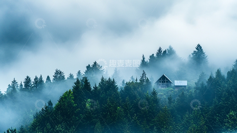 高清大图下载【趣麦麦图】雾气缭绕的山林小屋