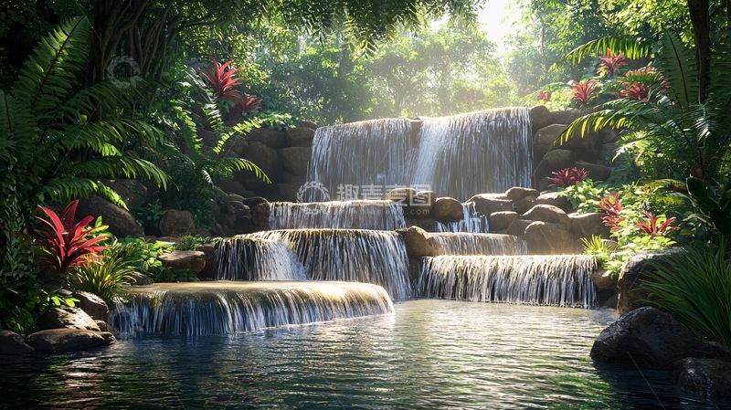 高清大图下载【趣麦麦图】热带雨林中的多层瀑布