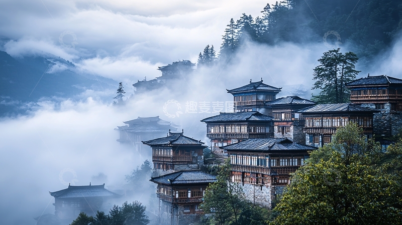 高清大图下载【趣麦麦图】云雾缭绕山间古村