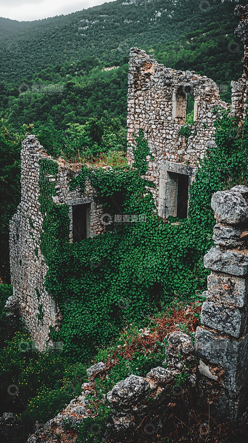 高清大图下载【趣麦麦图】山间废墟老屋爬满绿植