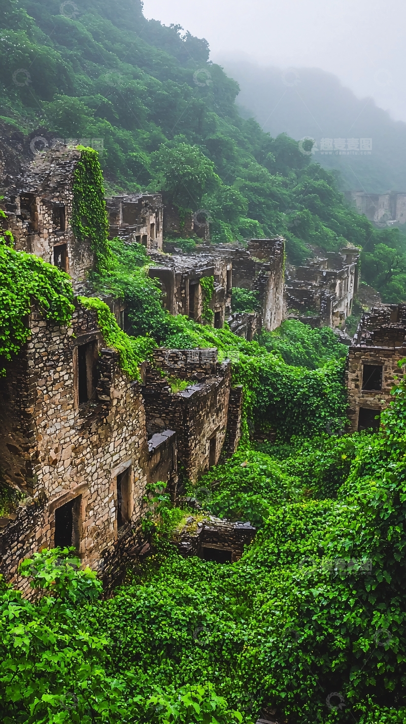 高清大图下载【趣麦麦图】绿植覆盖的废弃山村