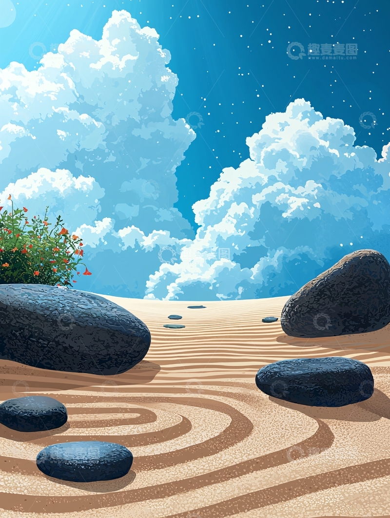 高清大图下载【趣麦麦图】禅意庭院与云朵天空