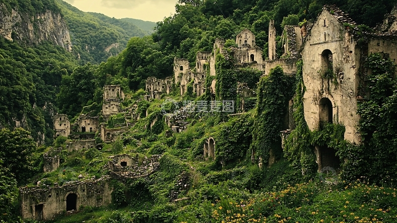 高清大图下载【趣麦麦图】绿植覆盖的废弃山村