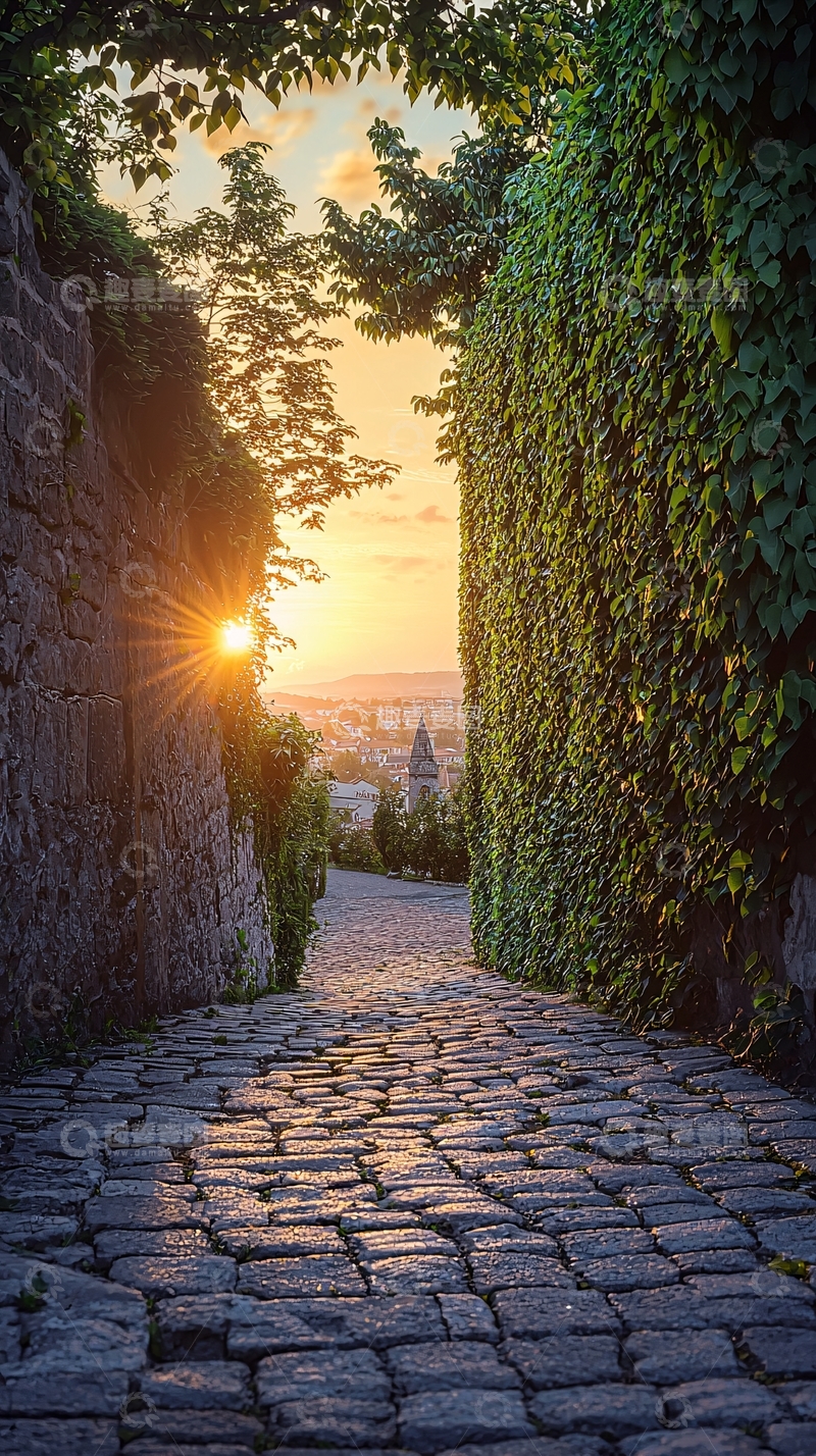 高清大图下载【趣麦麦图】石板路日落景色