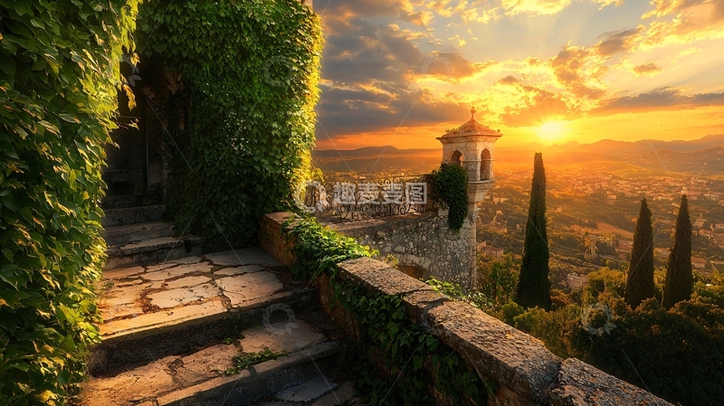 高清大图下载【趣麦麦图】夕阳下的石阶花园