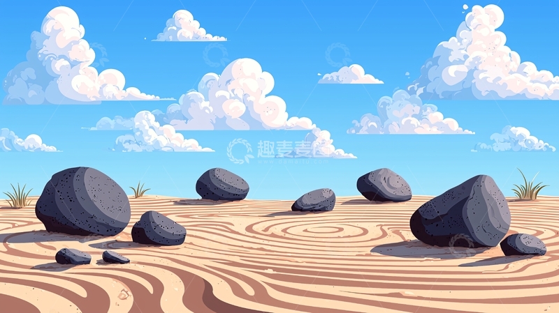 高清大图下载【趣麦麦图】蓝天白云下的沙地石头