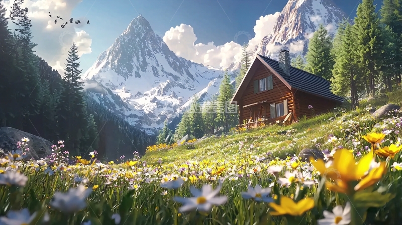 高清大图下载【趣麦麦图】山间木屋鲜花盛开