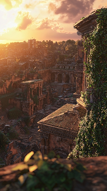 夕阳下的废墟古城