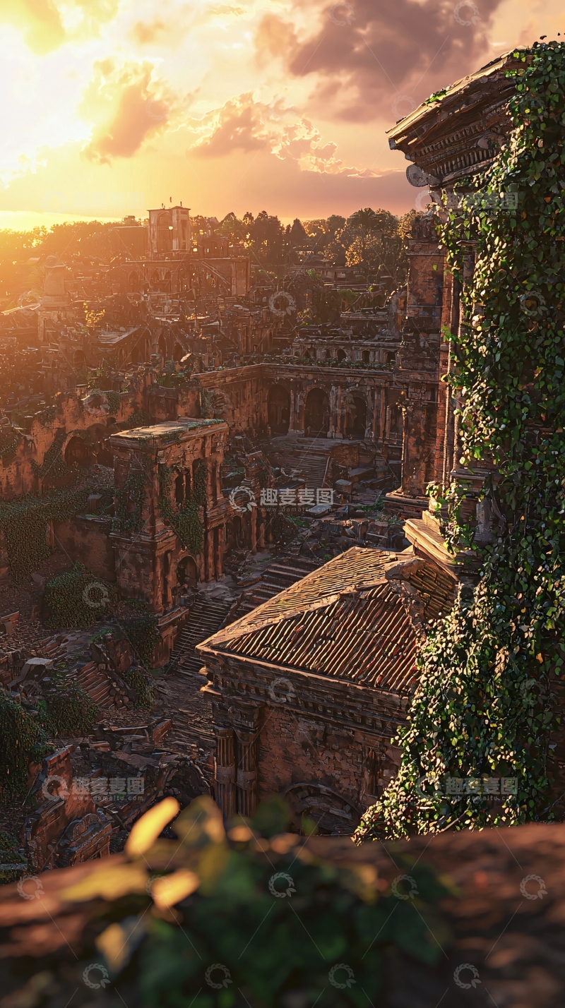 高清大图下载【趣麦麦图】夕阳下的废墟古城