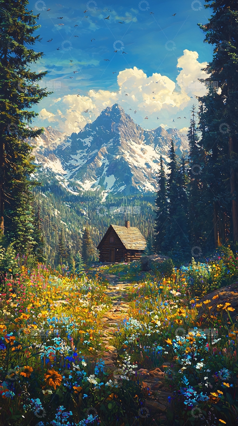 高清大图下载【趣麦麦图】山间木屋鲜花盛开