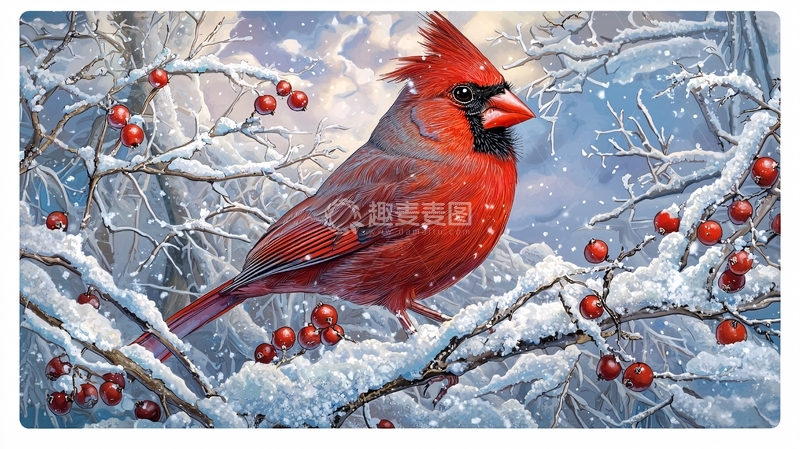 高清大图下载【趣麦麦图】冬日红衣主教雪景图