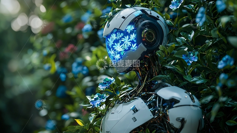 高清大图下载【趣麦麦图】花园中的机器人头部特写
