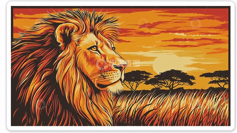 高清大图下载【趣麦麦图】夕阳下雄狮草原风景