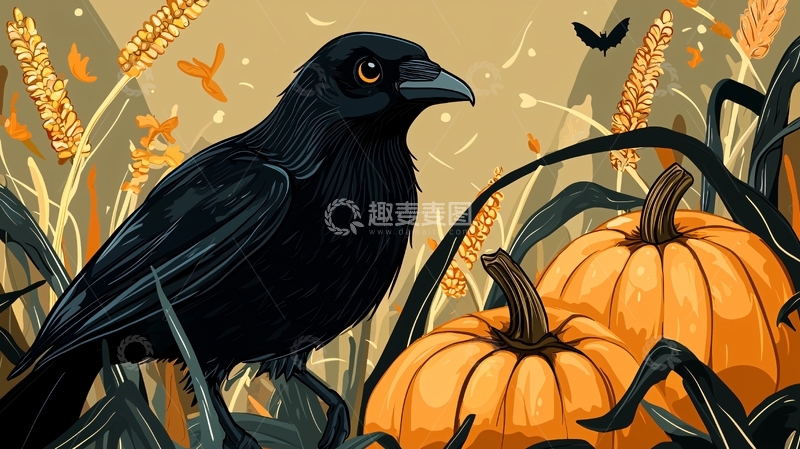 高清大图下载【趣麦麦图】秋季南瓜田里站着乌鸦