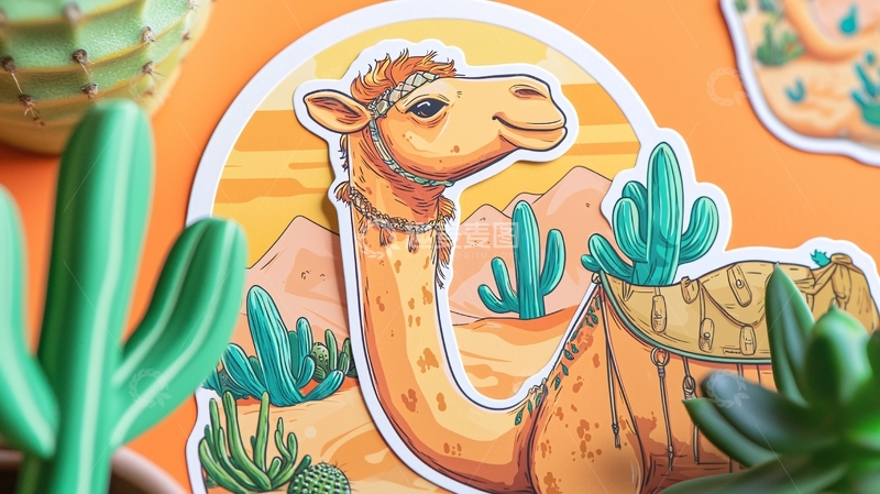 高清大图下载【趣麦麦图】卡通骆驼沙漠日落贴纸