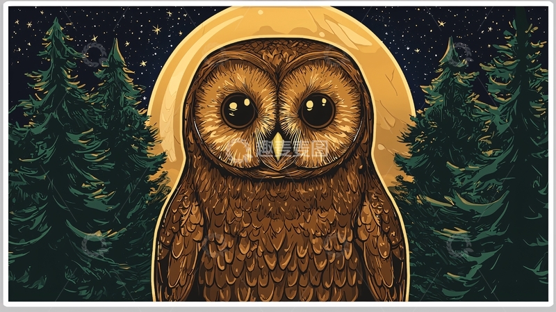高清大图下载【趣麦麦图】夜间森林里的大眼睛猫头鹰