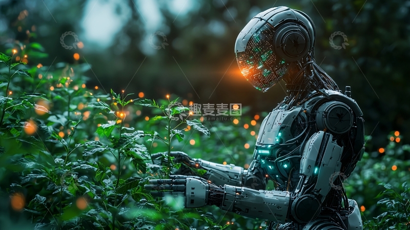 高清大图下载【趣麦麦图】机器人与绿色植物互动