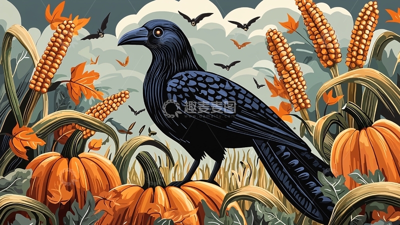 高清大图下载【趣麦麦图】秋季乌鸦南瓜玉米