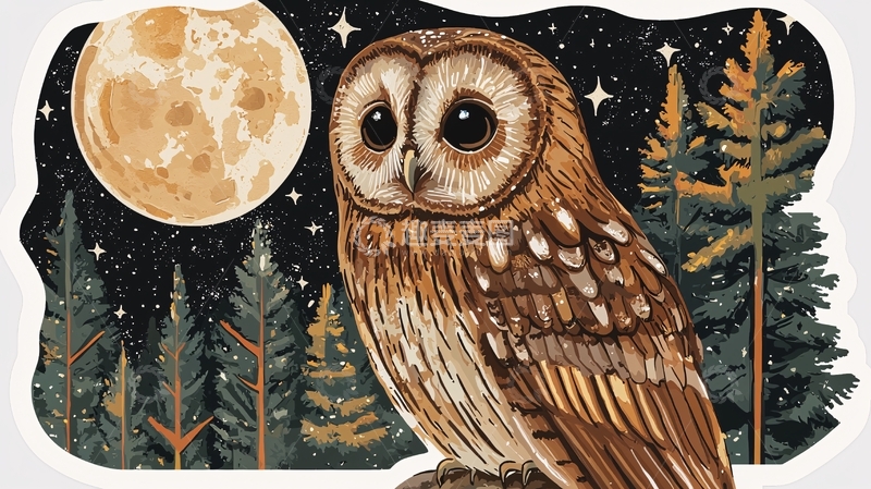 高清大图下载【趣麦麦图】夜晚森林猫头鹰
