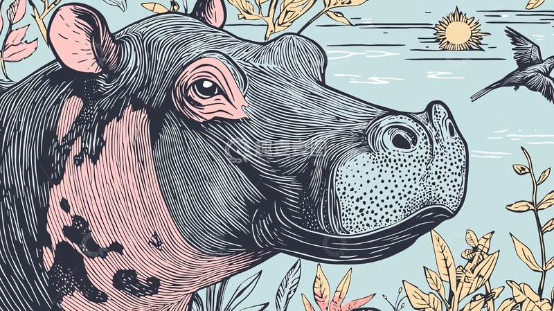 高清大图下载【趣麦麦图】河马插画