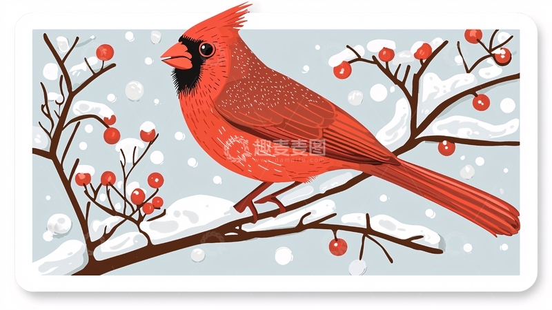 高清大图下载【趣麦麦图】冬日红雀鸟雪景图