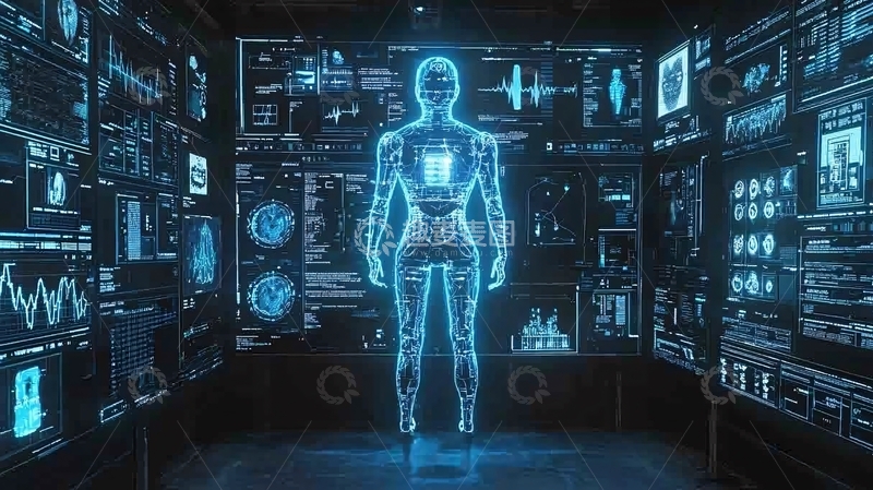 高清大图下载【趣麦麦图】蓝色数字人站在科技屏幕前