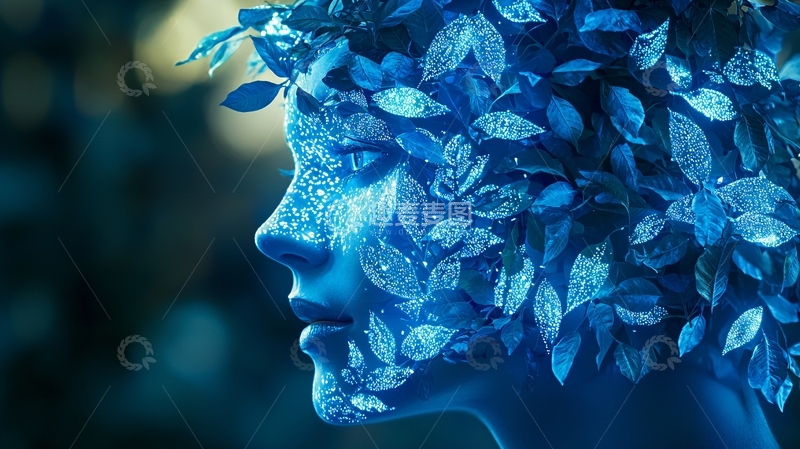 高清大图下载【趣麦麦图】蓝调树叶女人侧脸