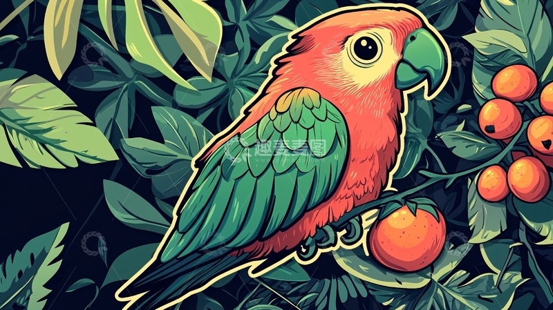 高清大图下载【趣麦麦图】可爱鹦鹉栖息热带植物