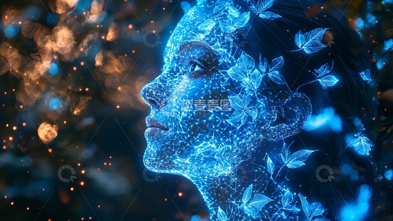 高清大图下载【趣麦麦图】蓝色光点构成的女性侧脸
