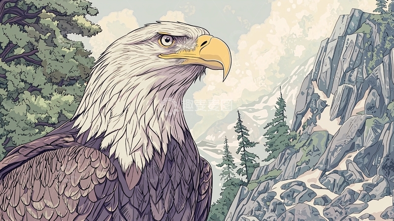 高清大图下载【趣麦麦图】雄鹰山峰写实插画