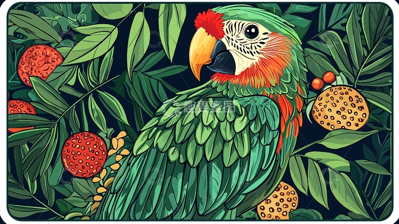 高清大图下载【趣麦麦图】绿鹦鹉热带水果植物图案