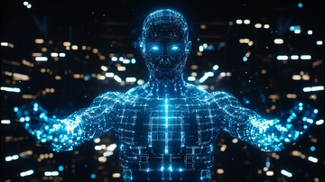 蓝色科技人形站在数据流前