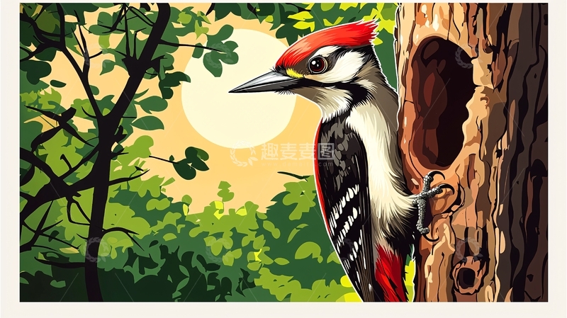 高清大图下载【趣麦麦图】啄木鸟树洞森林风景