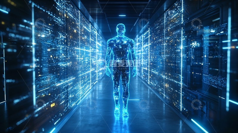 高清大图下载【趣麦麦图】蓝色科技人像站在数据中心
