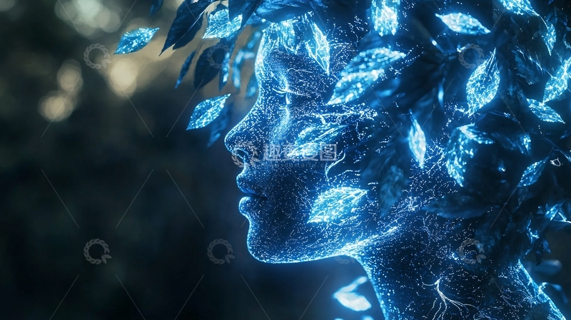 高清大图下载【趣麦麦图】蓝色树叶环绕的女性头像