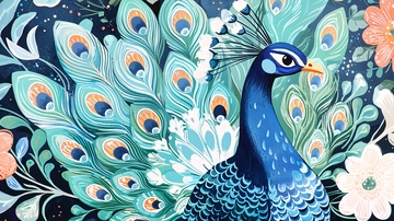 蓝绿色孔雀花卉图