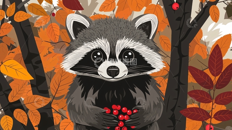 高清大图下载【趣麦麦图】秋季树林里的小浣熊