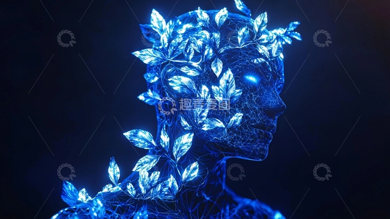 高清大图下载【趣麦麦图】蓝色叶片环绕的人像