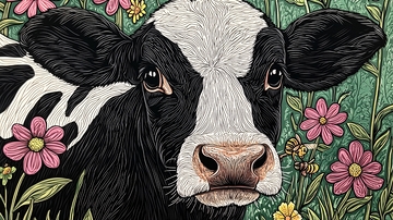 黑白色奶牛鲜花背景