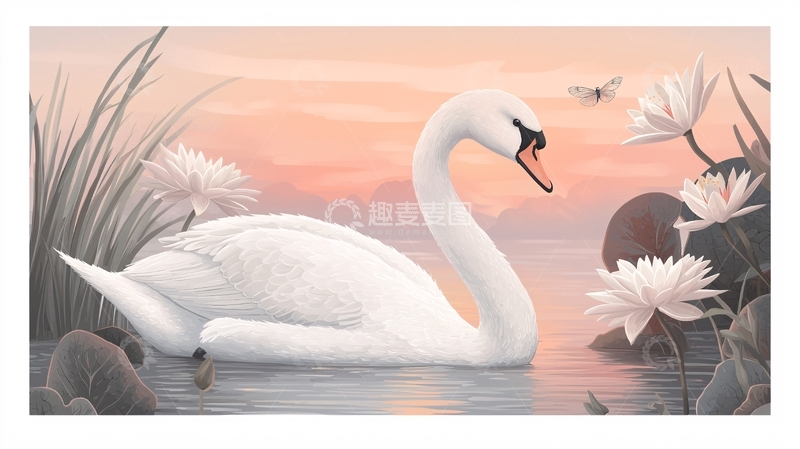 高清大图下载【趣麦麦图】夕阳西下白鹅戏水