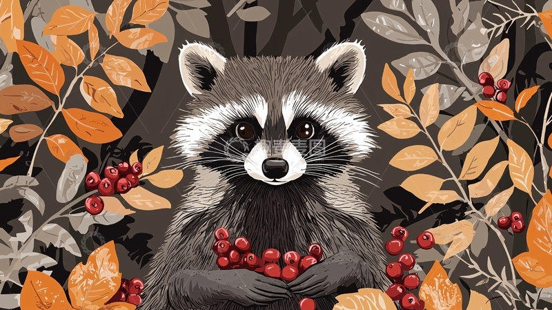 高清大图下载【趣麦麦图】秋日森林里的小浣熊