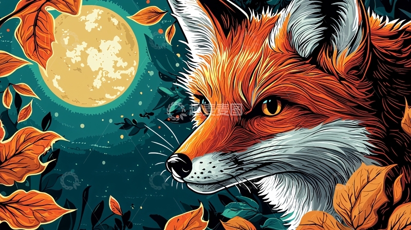 高清大图下载【趣麦麦图】红狐秋叶黄月亮