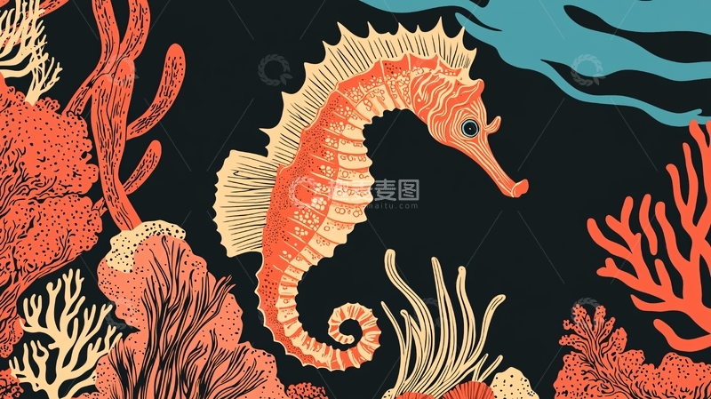 高清大图下载【趣麦麦图】海马珊瑚礁插画